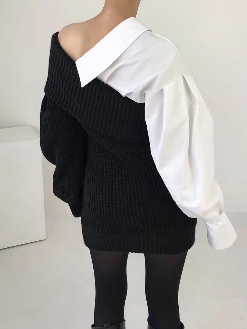 Nora Trendy Gebreide Winterjurk Dames | Originele Jurk Met Blouse Accent