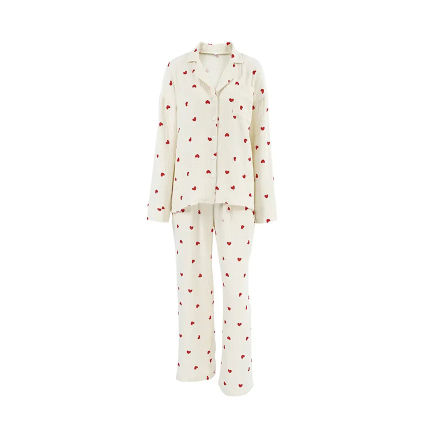 Lila Dames Witte Pyjama Met Hartprint | Comfortabele & Charmante Pyjama Set