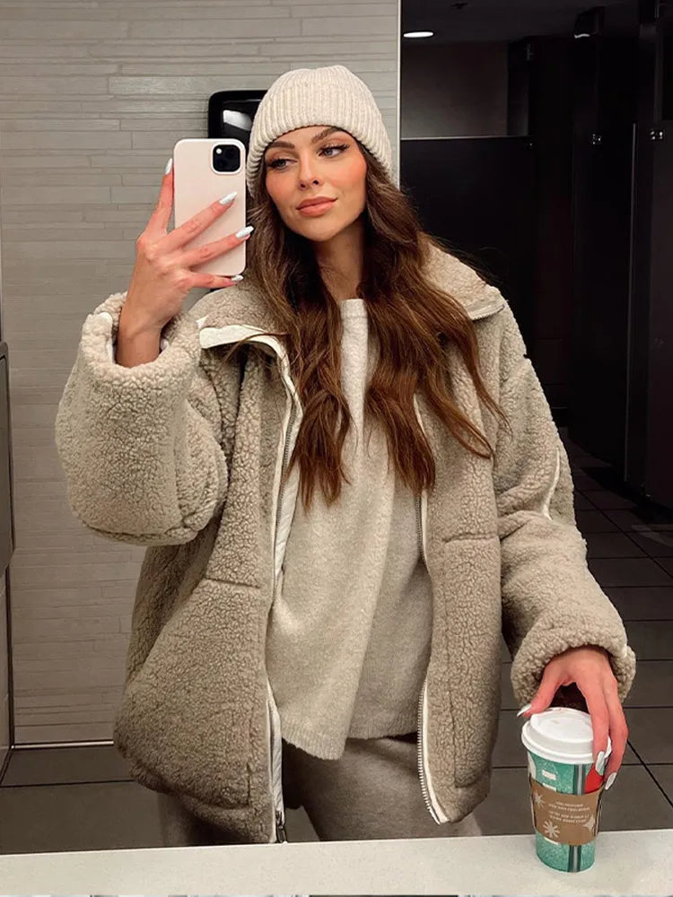 Jennifer | Oversized Teddy Jas Dames | Warme Winterjas Met Rits & Hoge Kraag