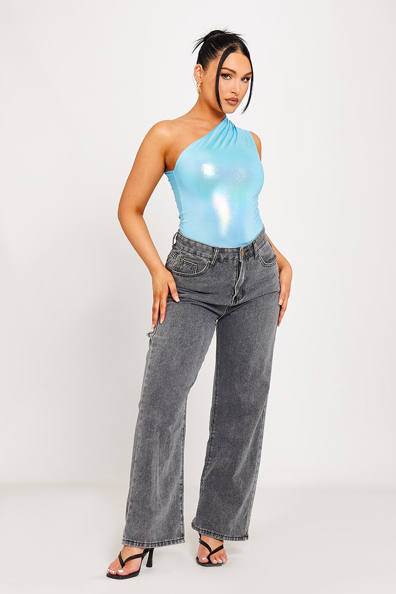 ELARA | Blauwe Metallic One Shoulder Ruched zomer Bodysuit