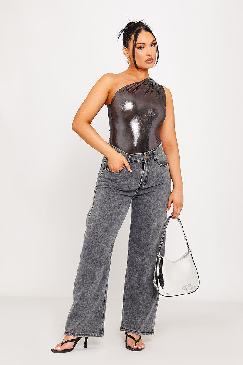 SAVINA | Metallic One Shoulder Ruched zomer Bodysuit