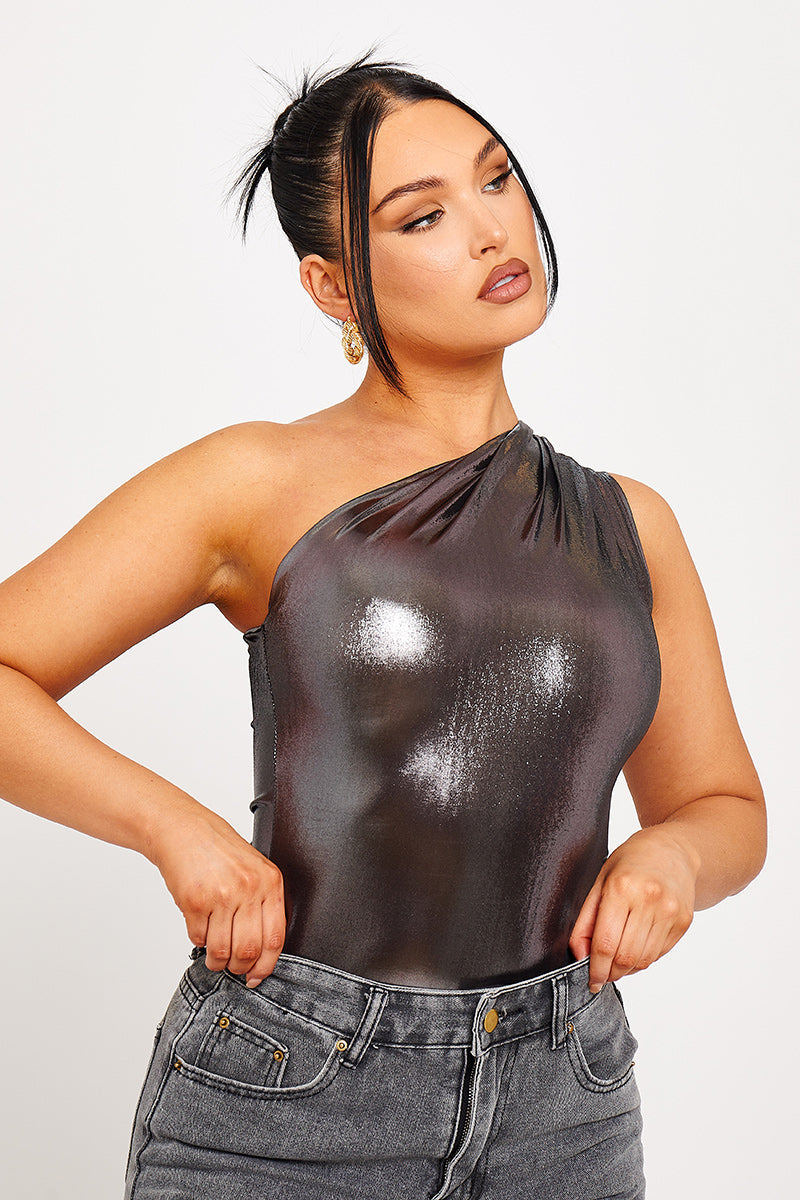 SAVINA | Metallic One Shoulder Ruched zomer Bodysuit