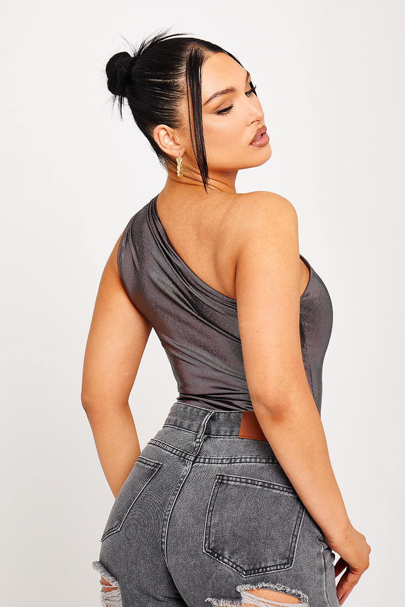 SAVINA | Metallic One Shoulder Ruched zomer Bodysuit