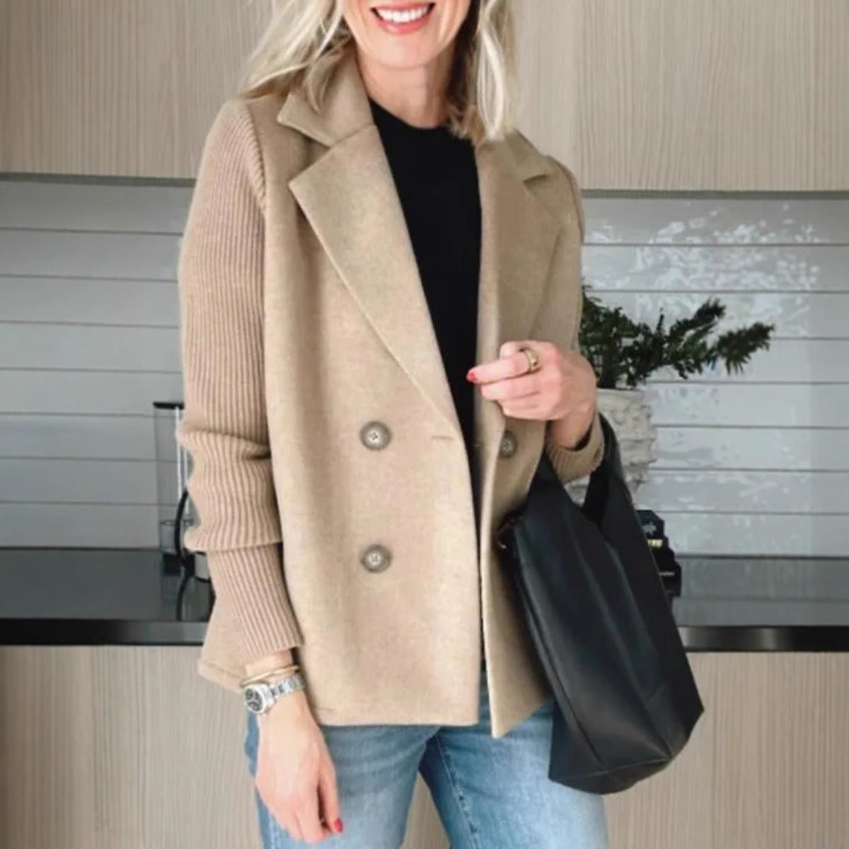 Zoë | Dames Winterjas Wol |Stijlvolle Wollen Jas met Gebreide Details & Knoopsluiting