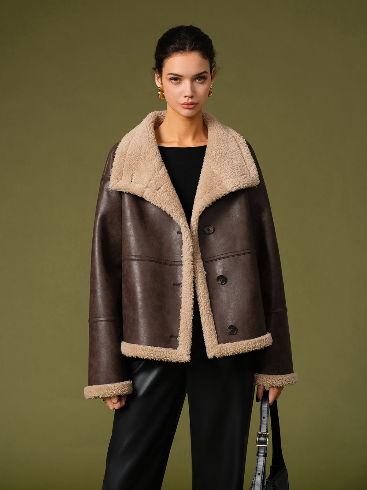 Fleece Jas Dames | Warme Vegan Leren Jas met Zachte Voering