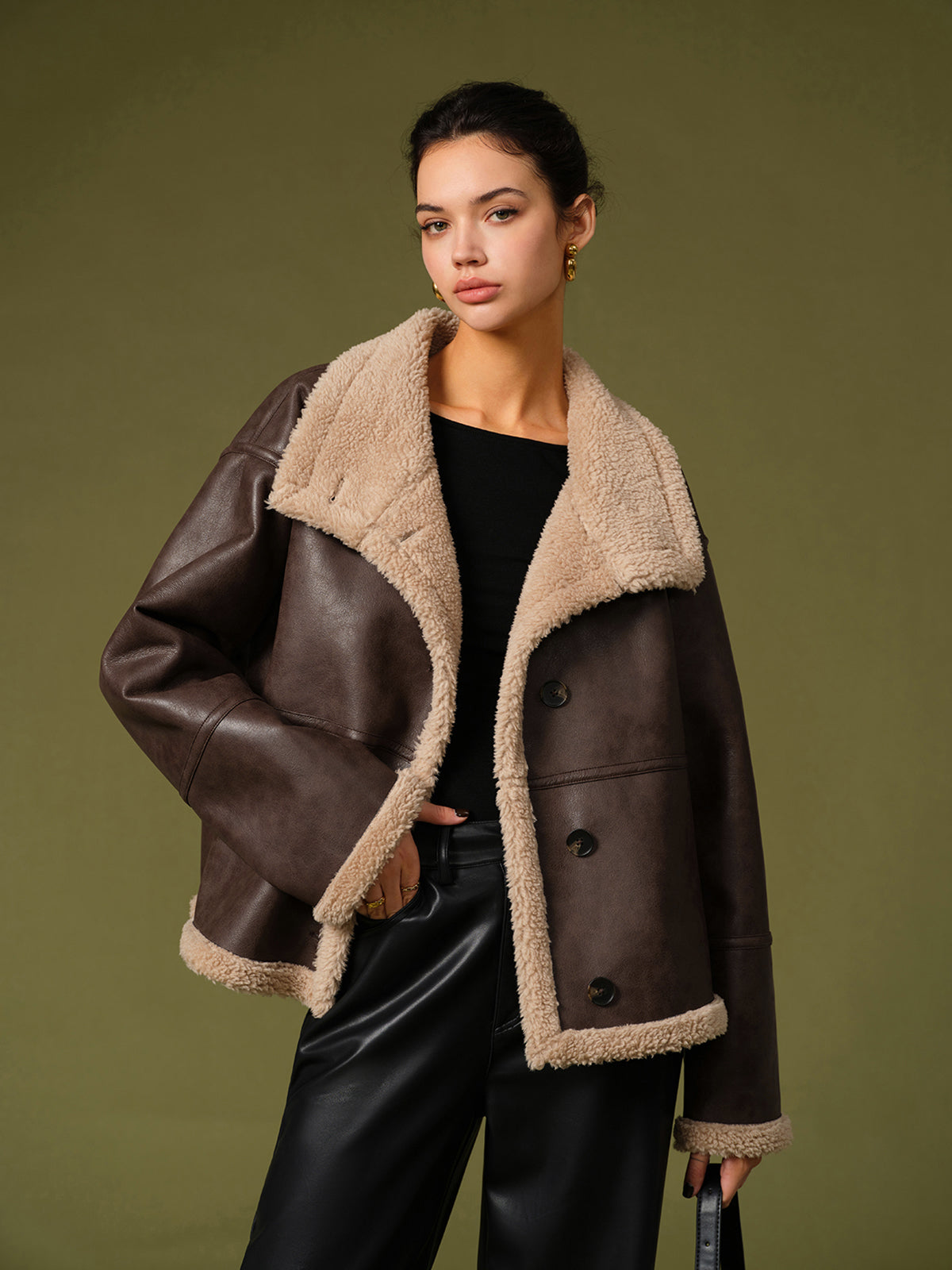 Fleece Jas Dames | Warme Vegan Leren Jas met Zachte Voering