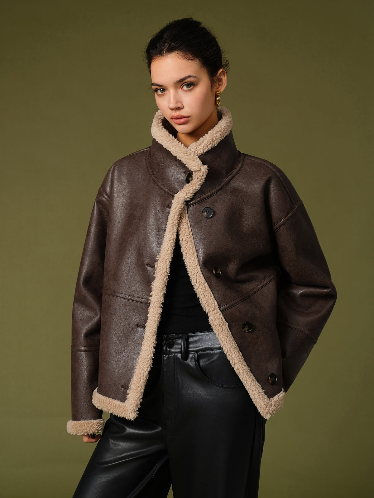 Fleece Jas Dames | Warme Vegan Leren Jas met Zachte Voering