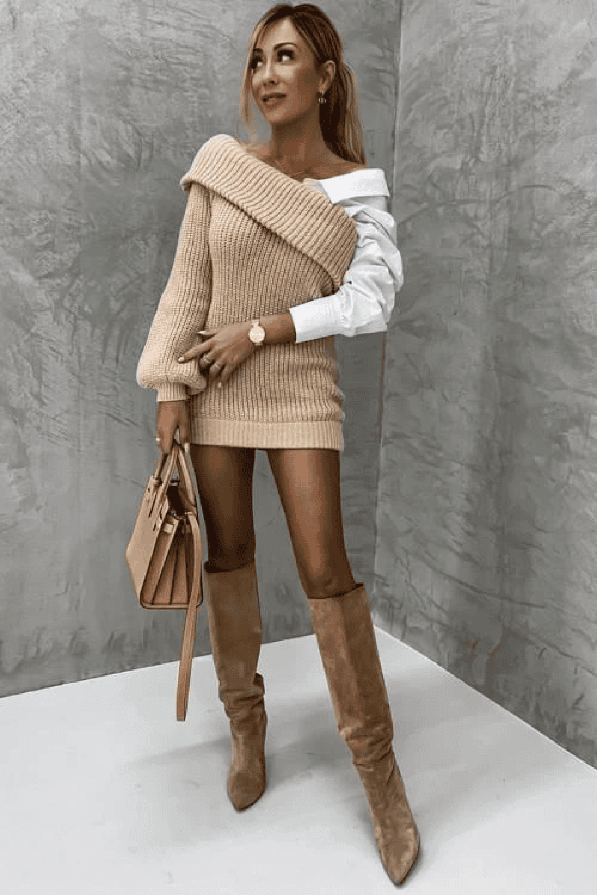 Nora Trendy Gebreide Winterjurk Dames | Originele Jurk Met Blouse Accent