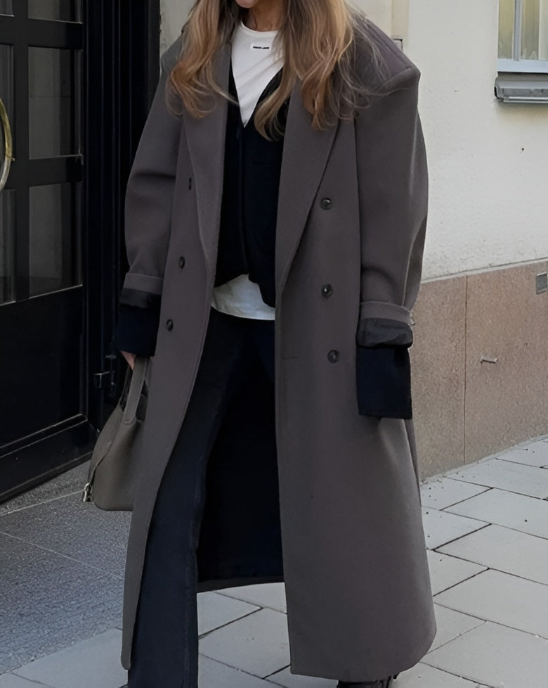 Celine | Oversized Jas Dames | Lange Mantel Met Reverskraag & Dubbele Knopen