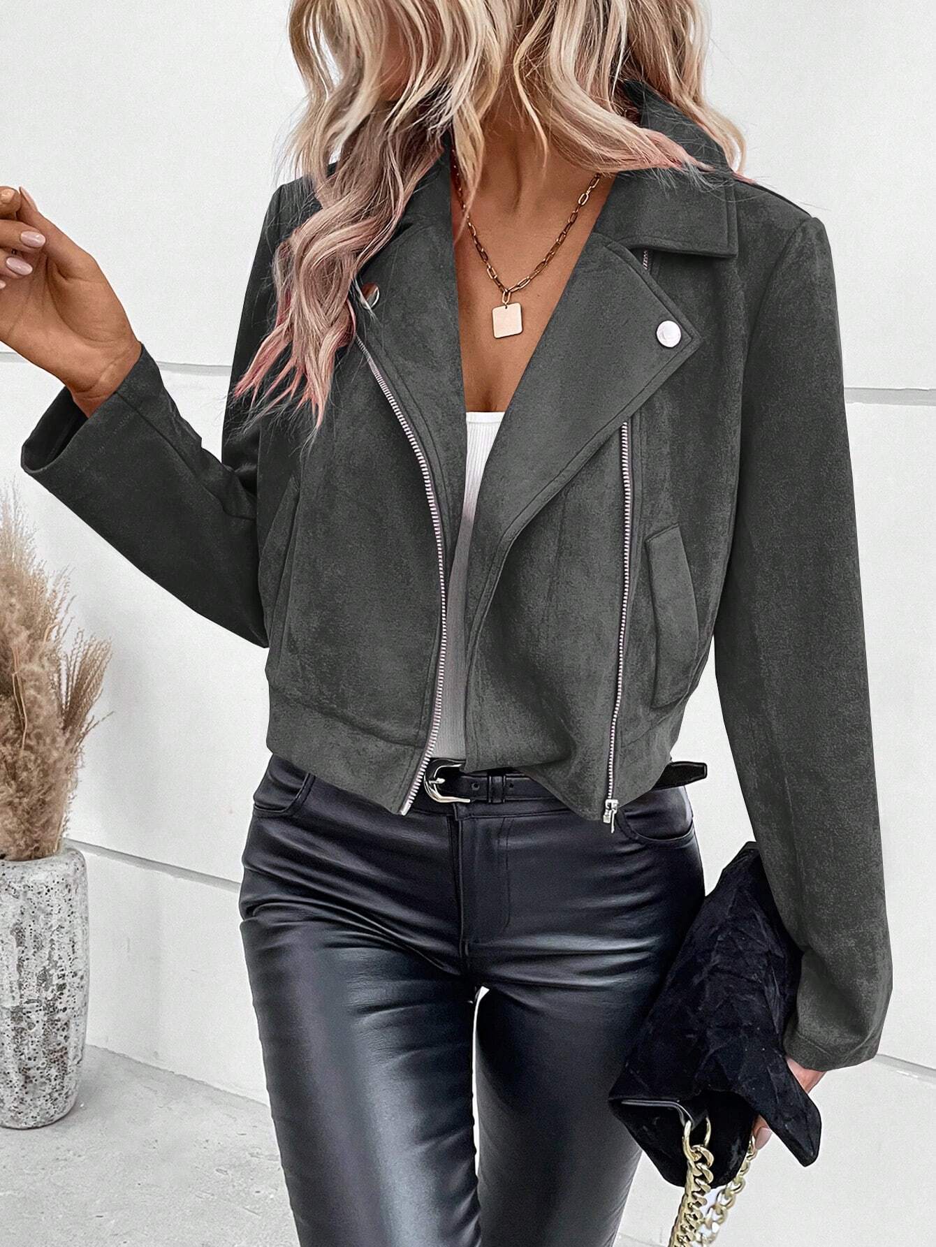 Lora | Kunstleren Biker Jas Dames | Trendy Moto Jacket Met Asymmetrische Rits