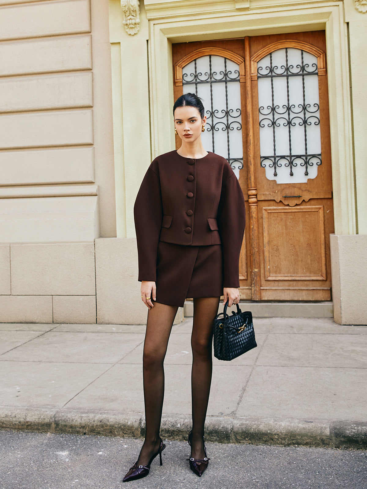 Korte Jas Dames | Retro Geweven Jas met Gepofte Mouwen & Trendy Look