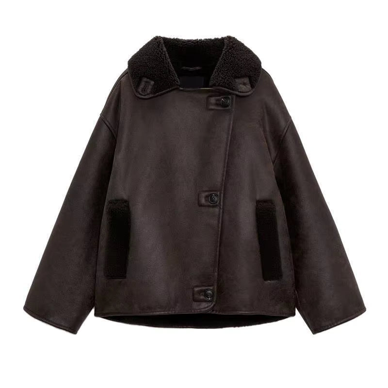 Jamy | Korte Teddy Jas Dames | Donkerbruine Leerlook Winterjas