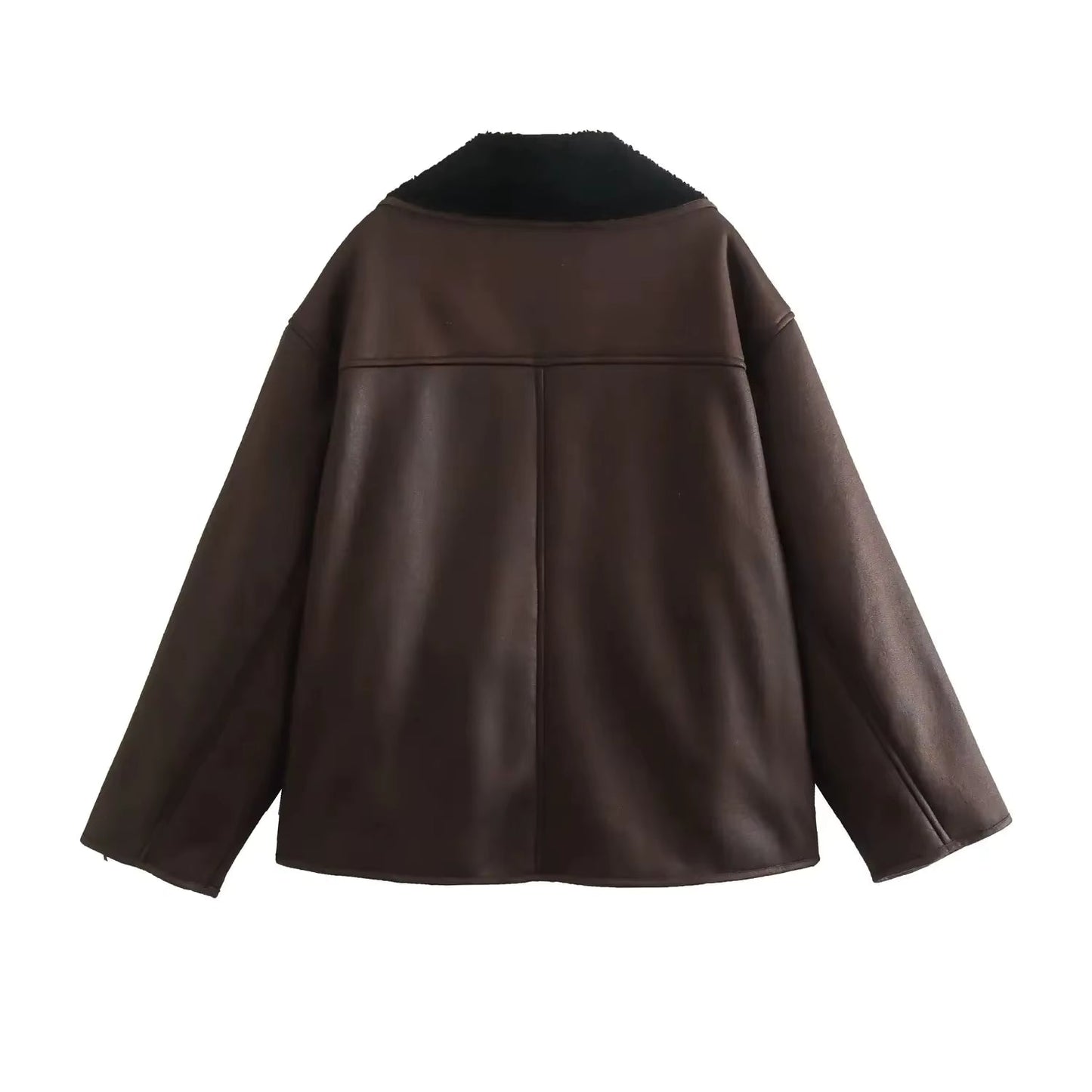 Jamy | Korte Teddy Jas Dames | Donkerbruine Leerlook Winterjas
