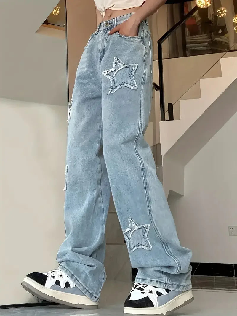Johanna | Star Jeans Dames | Trendy Spijkerbroek Met Sterrenprint