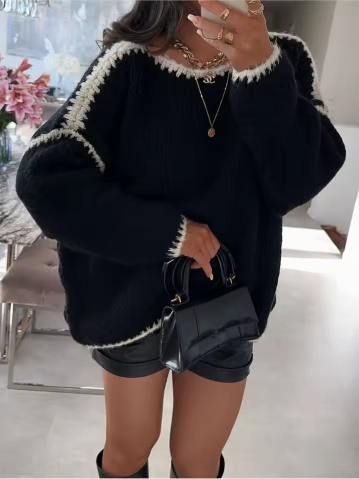 Lea Trui | Dames Trui – Oversized Pasvorm – Chunky Gebreid – Ballonmouwen Ribboorden