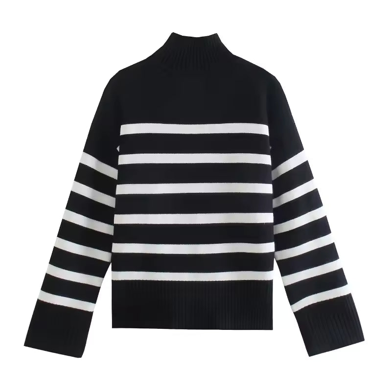 Maya | Dames Trui – Oversized Pasvorm – Wolmix Gebreid – Hoge Col – Gestreept Design