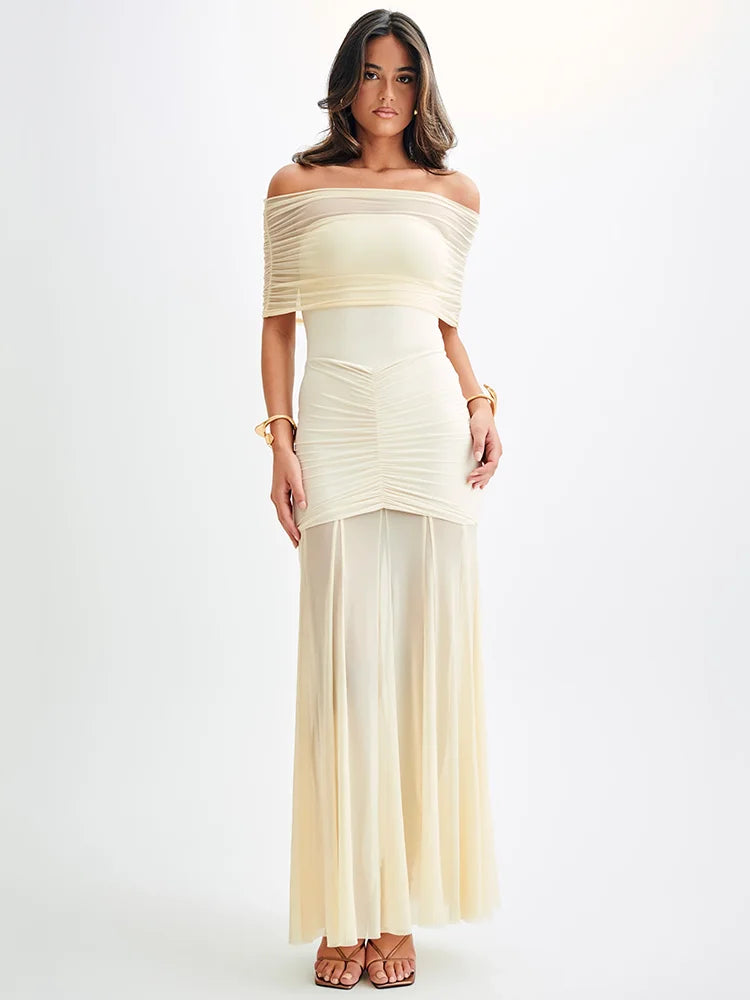 Mystique | Maxi Jurk met Off-Shoulder Mesh & Elegante Pasvorm