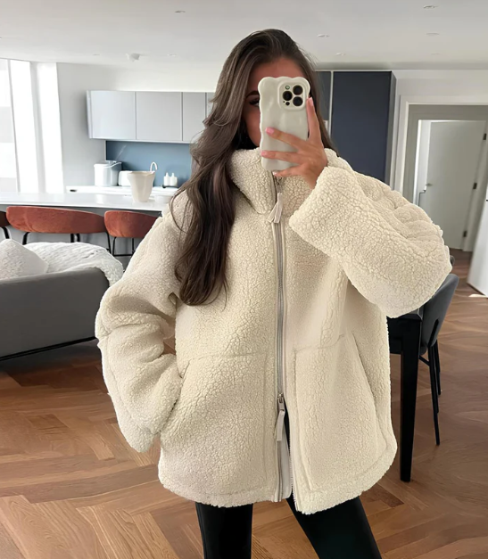 Jennifer | Oversized Teddy Jas Dames | Warme Winterjas Met Rits & Hoge Kraag