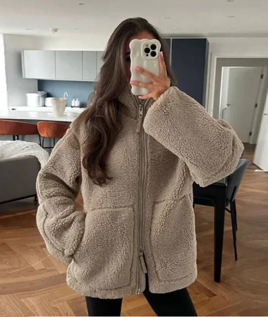Jennifer | Oversized Teddy Jas Dames | Warme Winterjas Met Rits & Hoge Kraag