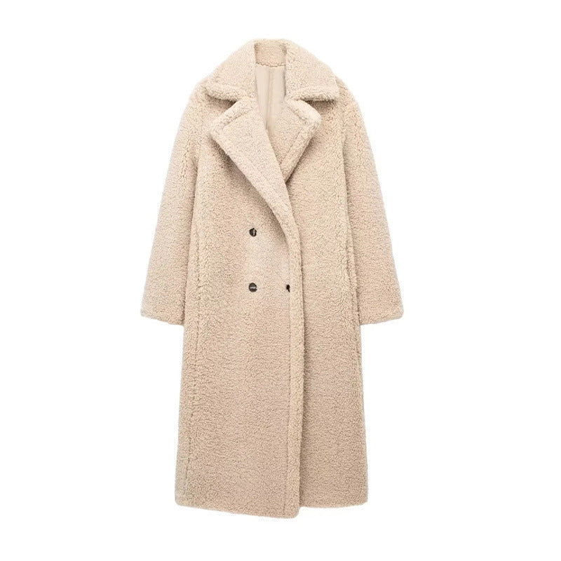 Lange Teddy Jas Dames – Warme Winterjas met Reverskraag en Knopen