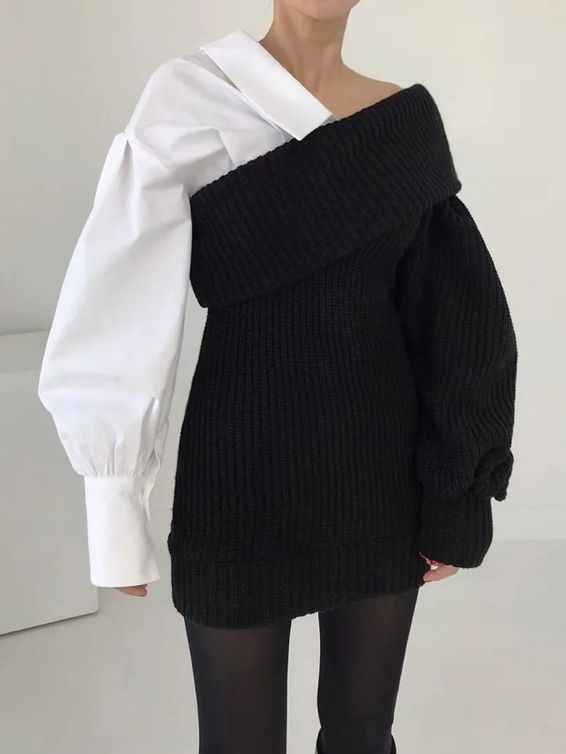 Nora Trendy Gebreide Winterjurk Dames | Originele Jurk Met Blouse Accent