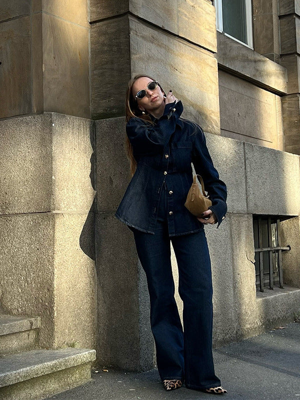 Olivia | Denim Co-ord Set Dames | Spijkerblouse Met Gouden Knopen & Flared Jeans