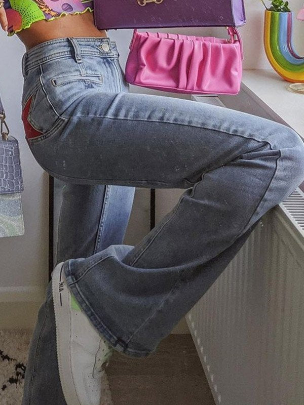 Luna Vintage Flare Jeans Dames | Y2K Uitlopende Spijkerbroek Met Rode Ster