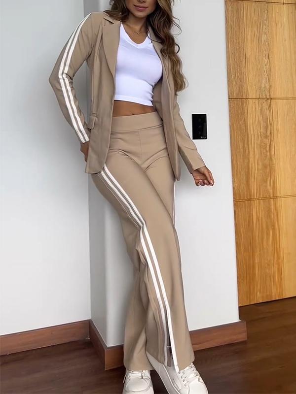 Blazer Broek Set Dames | Luxe Gestreepte Tweedelige Outfit van Effen Katoen