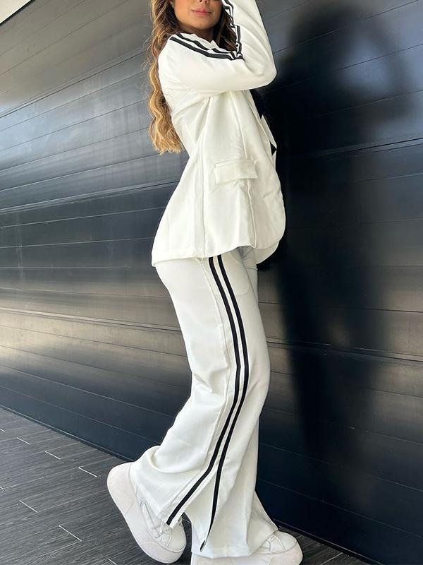 Blazer Broek Set Dames | Luxe Gestreepte Tweedelige Outfit van Effen Katoen