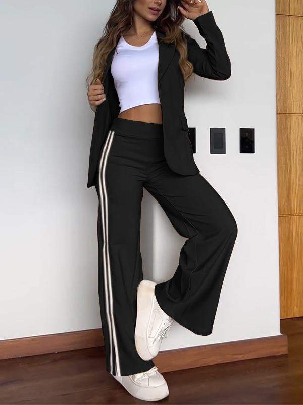 Blazer Broek Set Dames | Luxe Gestreepte Tweedelige Outfit van Effen Katoen
