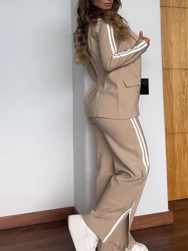 Blazer Broek Set Dames | Luxe Gestreepte Tweedelige Outfit van Effen Katoen
