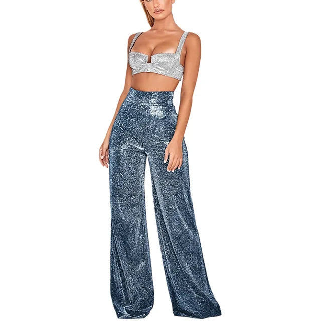 Glitter Broek Dames – Hoge Taille Feestbroek met Comfortabele Pasvorm