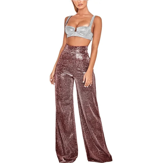 Glitter Broek Dames – Hoge Taille Feestbroek met Comfortabele Pasvorm