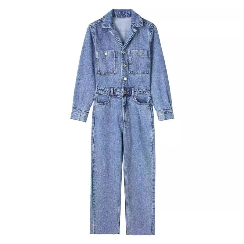 Liora | Denim Jumpsuit met Rechte Pasvorm en Knoopsluiting