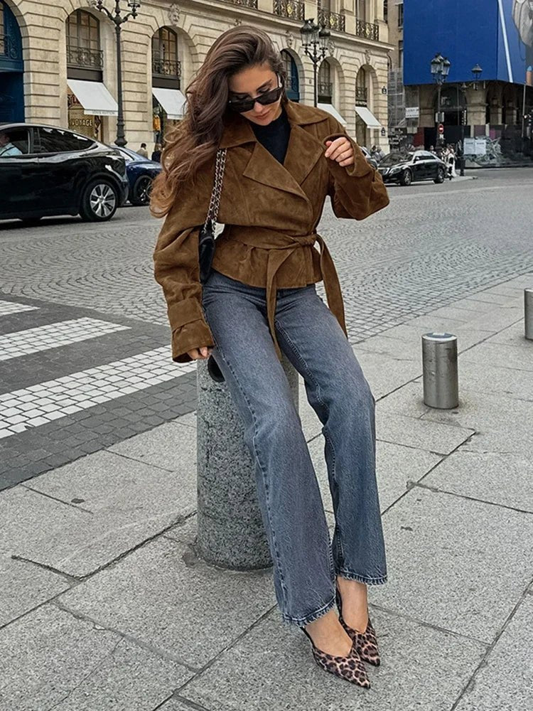 Novi | Oversized Leren Jas Dames | Bruine Suede Look Winterjas Met Ceintuur