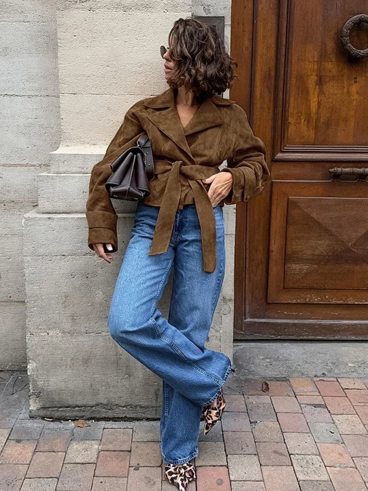 Novi | Oversized Leren Jas Dames | Bruine Suede Look Winterjas Met Ceintuur