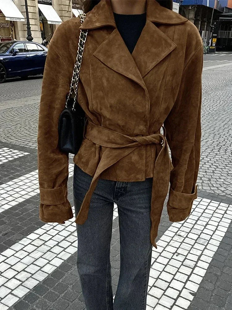 Novi | Oversized Leren Jas Dames | Bruine Suede Look Winterjas Met Ceintuur