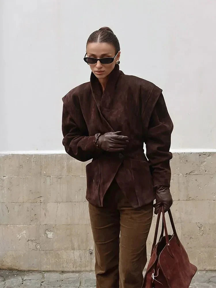 Novi | Oversized Leren Jas Dames | Bruine Suede Look Winterjas Met Ceintuur