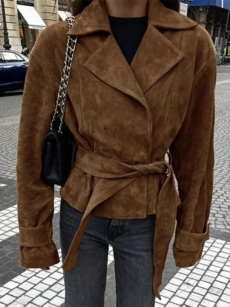 Novi | Oversized Leren Jas Dames | Bruine Suede Look Winterjas Met Ceintuur
