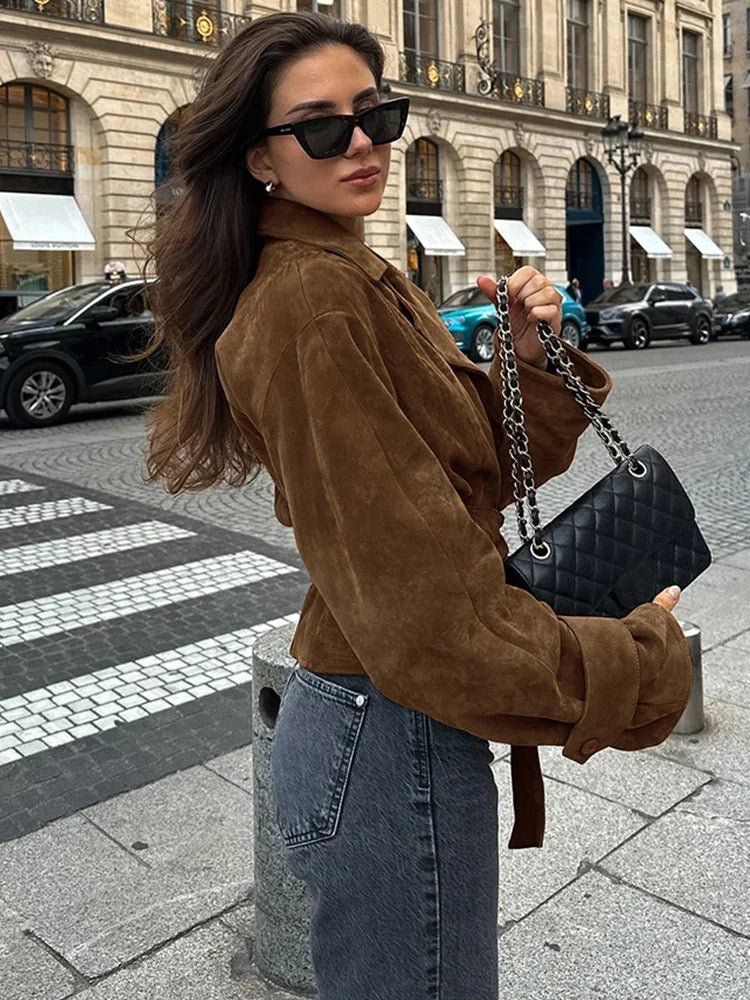 Novi | Oversized Leren Jas Dames | Bruine Suede Look Winterjas Met Ceintuur