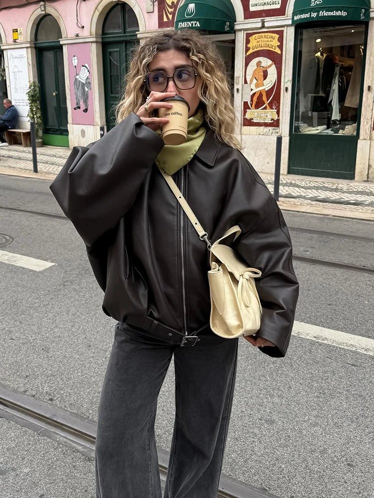Lois | Leren Jack Dames Oversized | Trendy Biker Jas Met Rits & Riemdetail