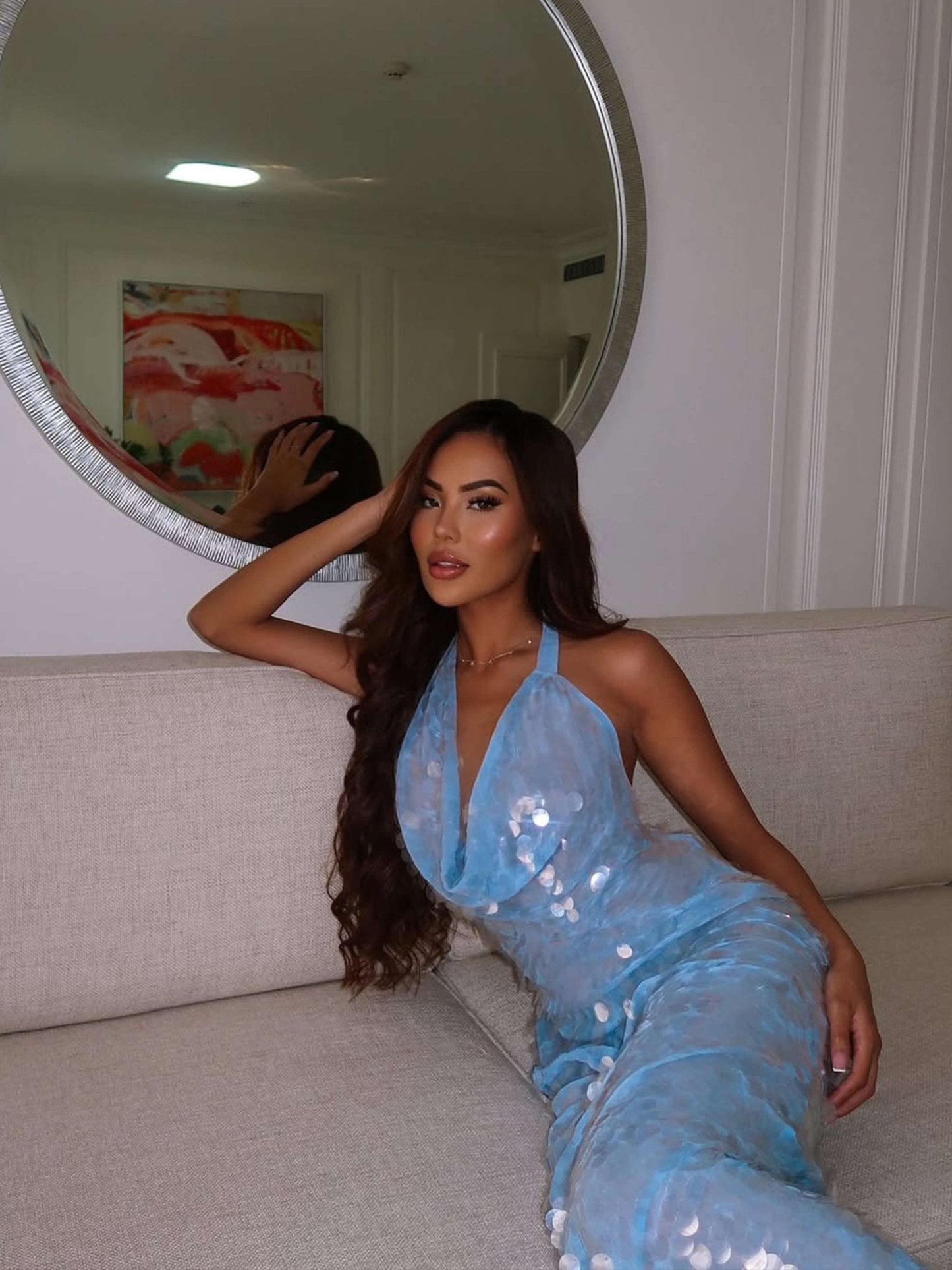 Elodie | Avondjurk Dames Maxi | Glamoureuze Blauw Pailletten Jurk Voor Feest & Gala