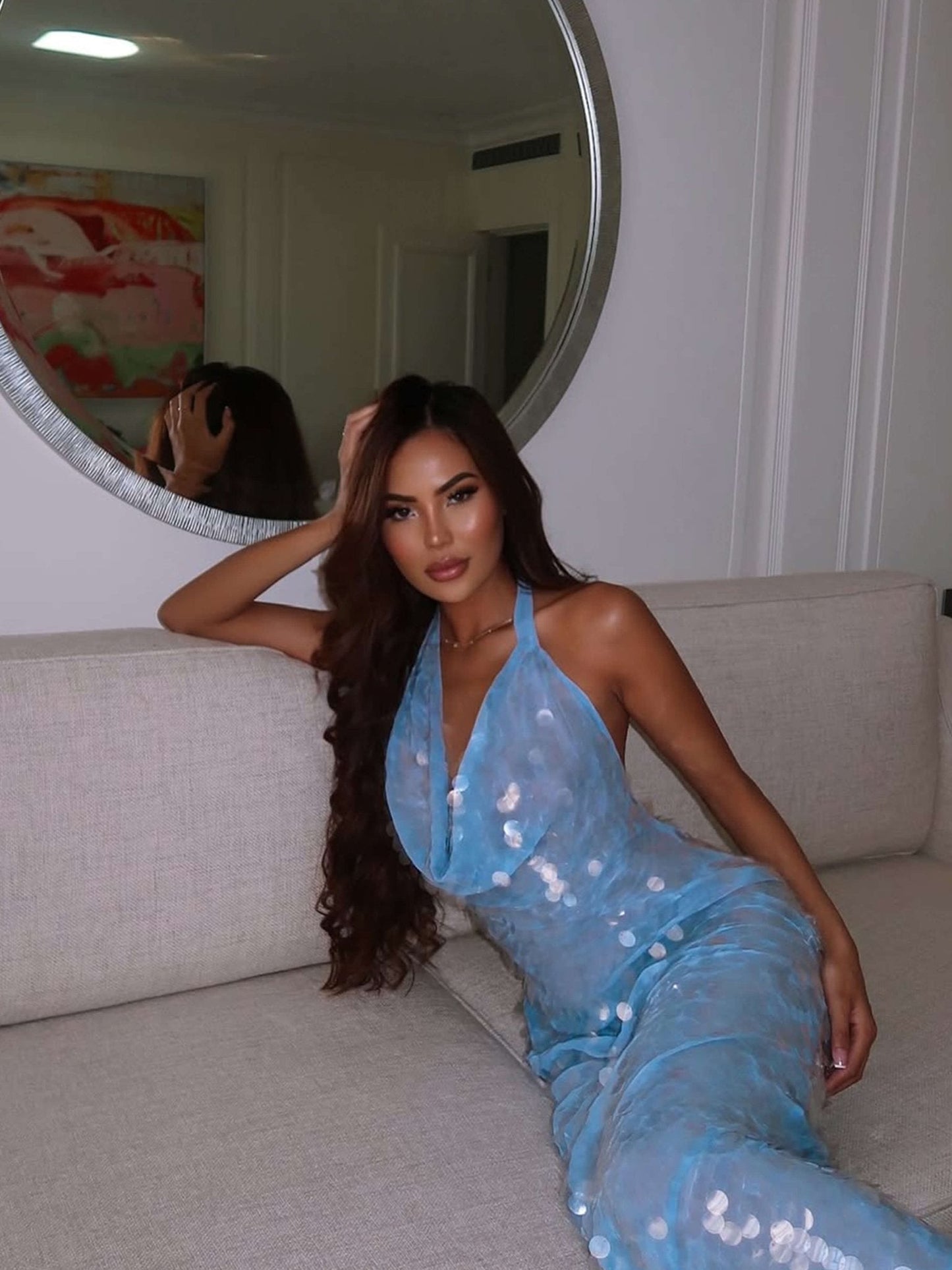 Elodie | Avondjurk Dames Maxi | Glamoureuze Blauw Pailletten Jurk Voor Feest & Gala