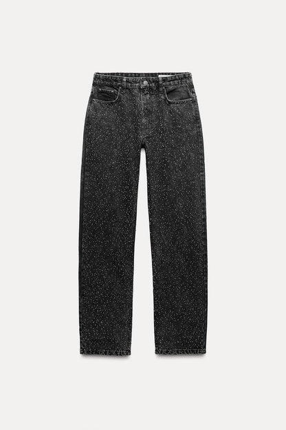 High-Waist Jeans Dames | Rechte Spijkerbroek met Subtiele Glitter Details