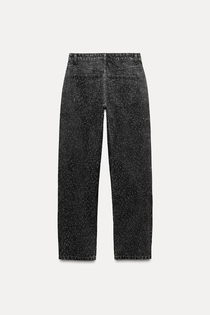 High-Waist Jeans Dames | Rechte Spijkerbroek met Subtiele Glitter Details
