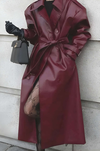 Dames Trenchcoat van Imitatieleer | Stijlvol met Ceintuur in Bordeaux & Zwart