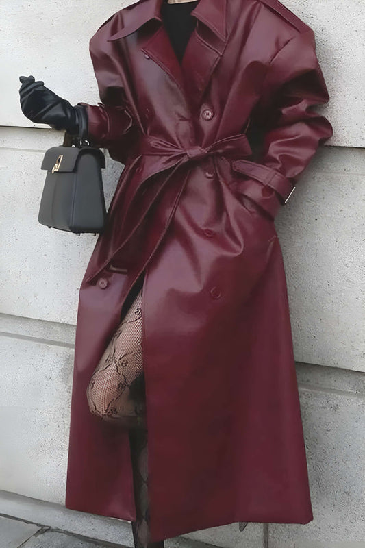 Dames Trenchcoat van Imitatieleer | Stijlvol met Ceintuur in Bordeaux & Zwart