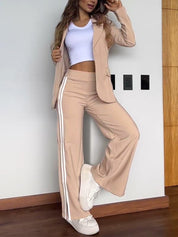 Blazer Broek Set Dames | Luxe Gestreepte Tweedelige Outfit van Effen Katoen