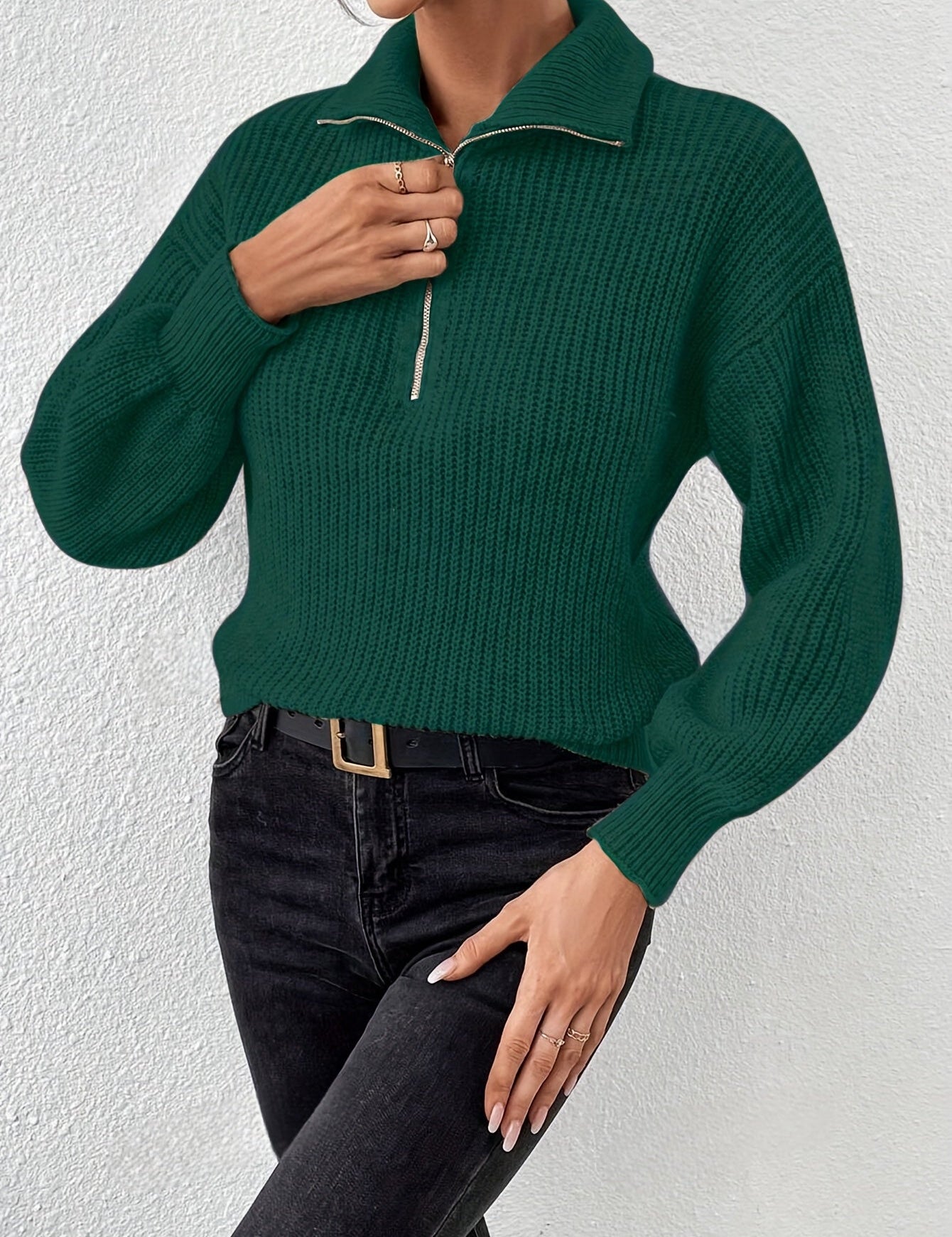 Elin | Dames Gebreide Zip-Up Trui – Warme V-Hals Knit met Lage Schouders