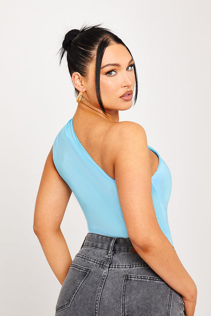 ELARA | Blauwe Metallic One Shoulder Ruched zomer Bodysuit